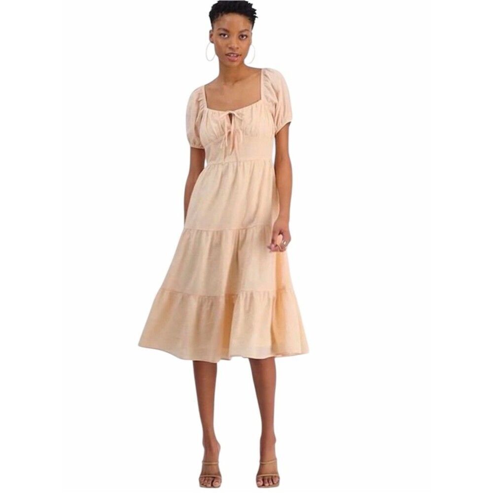 NWT And Now This Milkmaid Tiered Midi Dress size Large Tan Check Square Neck